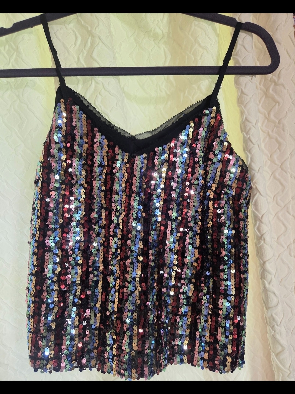 Skies Are Blue Black Multicolor Sequin V-Neck Cami Tank Fun Festive